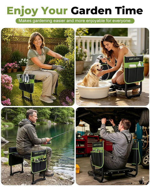 Garden Stool And Kneeler 7 Piece Set With Aluminum Tools Trowel Transplanter Cultivator Double Layer Tote Bag And Side Pouches Foldable Gardening Bench Kit A Must Have Gift For Women Moms Seniors Light Green used in various activities.