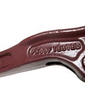 Close-up of Heavy Duty Lever Load Binder One Quarter Inch Chain For Cargo Control And Tie Down Built Tough With Extra Strength And A 3150 Lbs Working Load Limit Forged Alloy Steel, maroon color, showing 'Proof Tested' marking.