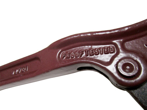 Close-up of Heavy Duty Lever Load Binder One Quarter Inch Chain For Cargo Control And Tie Down Built Tough With Extra Strength And A 3150 Lbs Working Load Limit Forged Alloy Steel, maroon color, showing 'Proof Tested' marking.