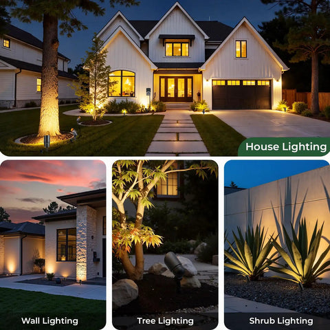 All-In-One Low Voltage Landscape Lighting Kit With Sweet 5W Spotlights lighting a house, providing ambiance for trees and shrubs.