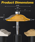 Product dimensions of Solid Ogee Router Bit Set For Fine Woodworking with measurements, showcasing yellow carbide blade and wood profiles.