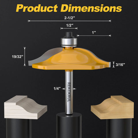 Product dimensions of Solid Ogee Router Bit Set For Fine Woodworking with measurements, showcasing yellow carbide blade and wood profiles.