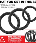 Three Pack Jogging Stroller Tire Replacement Set With Two 16x1.75 Rear Tires And One 12.5x2.25 Front Tire shown with sizes