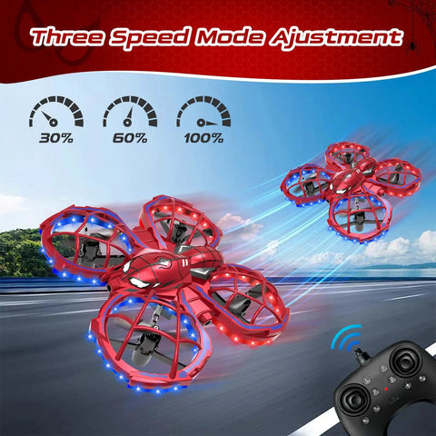 Mini Drone For Kids Beginners Toss To Go RC Quadcopter with LED lights in three speed modes flying outdoors with controller.