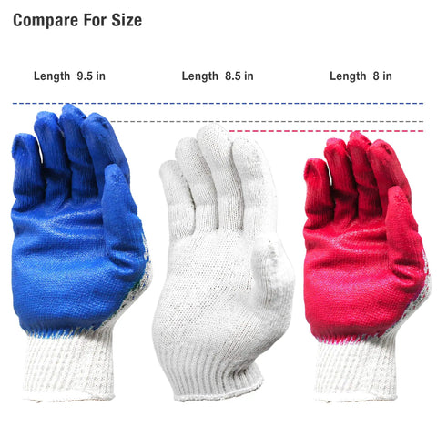 All Purpose Non Slip Red Latex Palm Coated Work Safety Gloves For Garden And Warehouse Tasks Grippy Feel All Day Comfort In Cotton Polyester Latex Blend 300 Pairs, size comparison with other gloves