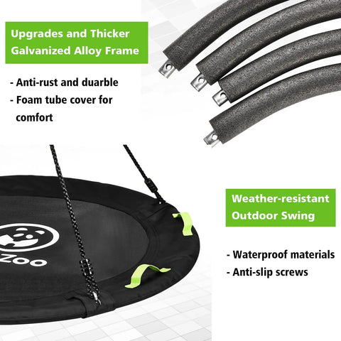 Close-up of 48 Inch Saucer Swing for Backyard Fun, Big Family Size Holds Up to 900 Lb with galvanized alloy frame and braided ropes