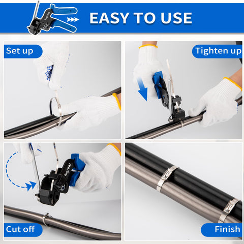 Demonstrating the Heavy Duty Stainless Steel Zip Tie Cutter Kit with 100 Self Locking Metal Ties in use on cables.