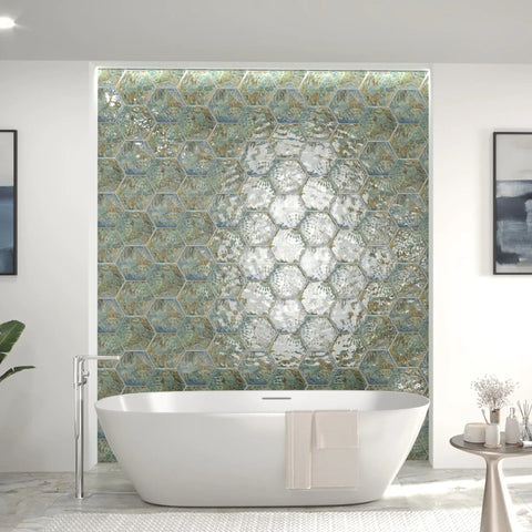 Bathroom wall with Gaudi React Hex Ocean Porcelain Tile For Floor And Wall High Sheen Glazed Finish Grade 1 First Quality