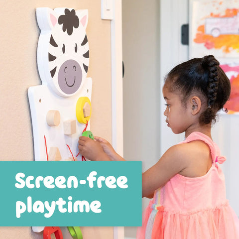 Child playing with Zebra Activity Wall Panel For Toddlers Ages 18 Months Plus Montessori Sensory Toy with nesting shapes