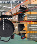 Heavy Duty Banding Cart And Dispenser For 8x8 And 16x16 Strapping, Built In Tool Tray For Seals And Tensioner, Durable Black Frame, Compatible With Steel, Poly, PET And Fiber Straps on warehouse floor