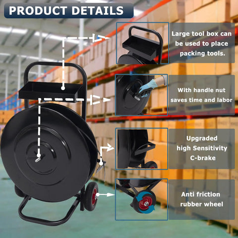 Heavy Duty Banding Cart And Dispenser For 8x8 And 16x16 Strapping, Built In Tool Tray For Seals And Tensioner, Durable Black Frame, Compatible With Steel, Poly, PET And Fiber Straps on warehouse floor