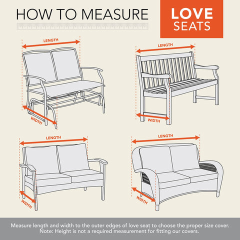 Diagram illustrating how to measure for Beefy Weatherproof Outdoor Loveseat Cover For 82.5 Inch Wide Sofa Up To 38 Inch Deep And 38.25 Inch High