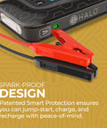 Portable Car Jump Starter With 600 Amp Peak, 130 Psi Tire Inflation, 59.9Wh USB Power Bank, spark-proof design feature.