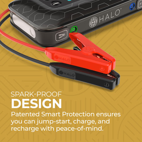 Portable Car Jump Starter With 600 Amp Peak, 130 Psi Tire Inflation, 59.9Wh USB Power Bank, spark-proof design feature.
