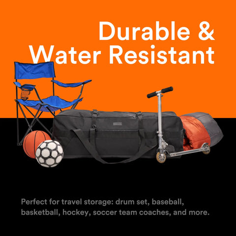 123 Liter 42 Inch Heavy Duty Extra Large Duffle Bag With Upgraded Zipper shown with sports gear and camping equipment.