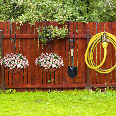 Vinyl Coated Heavy Duty Rafter Hooks For Hanging Tools Bikes Ladders Hoses Ropes Pool Gear Garage Organizer Storage Solution 4 Pack Rust Resistant Non Slip Steel Hanger Hooks For Home Workshop holding garden tools on fence
