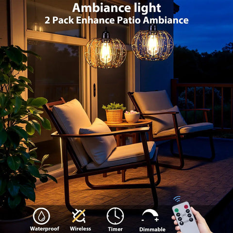 Battery Operated Hanging Chandelier Outdoor Set Of Two With Remote Control Boho Copper Wire Beaded Pendant Light weatherproof dimmable in patio at night.