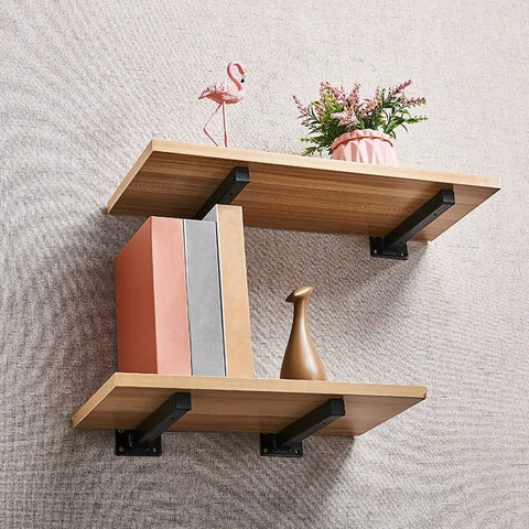 Heavy Duty Black Floating Shelf Brackets 30 Cm Wide Solid Iron Wall Supports Tough As Nails Design with wooden shelves and decor.