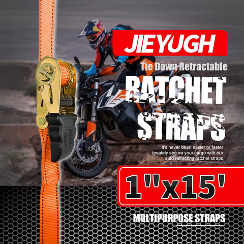 Tough As Nails Ratchet Tie Down Straps 15 Foot Long 4 Pack Heavy Duty Cargo Straps With 1500 Lb Break Strength For Truck Beds Motorcycles And Lawn Gear Hauling Orange, featuring a ratchet mechanism.