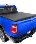 Blue Ram truck with Soft Roll-Up Tonneau Cover For Ram 1500 2019 To 2026, 5 Foot 7 Inch Bed, T1 Style Truck Bed Cover installed