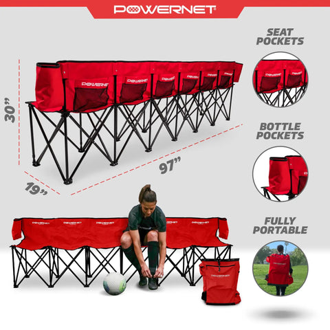 Six Seater Team Bench Folding Chair With Backpack Carry Bag For Soccer Basketball And Football Teams Portable Foldable Bench Red