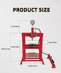 Beefy 10 Ton Welded H Frame Shop Press With Adjustable Crossbeam And 12 Inch Stroke, dimensions chart view