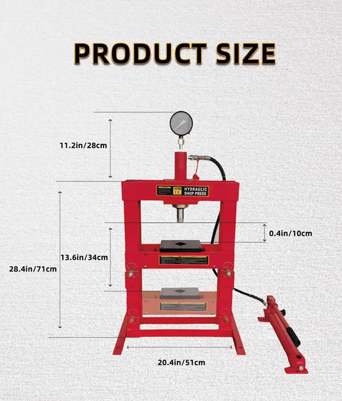 Beefy 10 Ton Welded H Frame Shop Press With Adjustable Crossbeam And 12 Inch Stroke, dimensions chart view