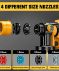 Heavy Duty Cordless Paint Sprayer With Variable Spray Settings And Four Copper Tips For Smooth Wall Fence And Cabinet Coating Jobs That Deliver Crisp Edges And Hassle Free Cleanup For Any Weekend Warrior showcasing four interchangeable nozzles in various sizes.