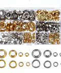 200 Pcs Brass Grommets And Eyelets Kit With Washers For Fabric Clothes Canvas Curtains Bags And Leather Projects Heavy Duty Corrosion Resistant Fasteners In Gold And Silver Finish For DIY Crafts, displayed in a storage box with multiple compartments.