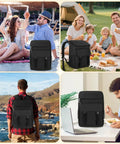 Collage displaying Insulated Leak Proof Cooler Backpack used at beach, picnic, hiking, and work; 30 40 50 can capacity