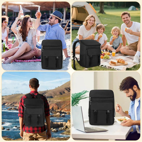 Collage displaying Insulated Leak Proof Cooler Backpack used at beach, picnic, hiking, and work; 30 40 50 can capacity