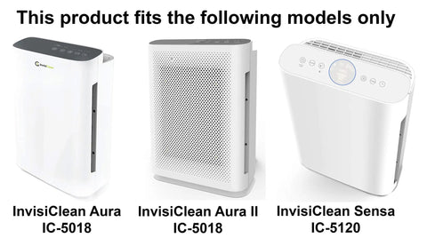 Replacement Activated Carbon Prefilter 4 Pack For Aura IC5018 And Sensa IC5120 Air Purifiers Odor Busting shown with models.