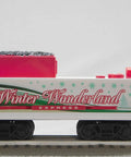 Winter Wonderland LionChief Steam Locomotive Engine for O Gauge with red and white design on track.
