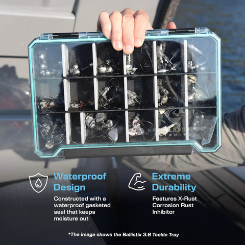 Person holding BallistiX 3.7 Tackle Tray Waterproof Lure Box With Clear Polycarbonate Lid Anti Rust Corrosion Resistant