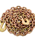 Coiled Beefy Three Eighths Inch Transport Binder Chain G80 Tow Chain With Grab Hooks Ten Feet Long 7100 Lb Safe Working Load Yellow Electroplated
