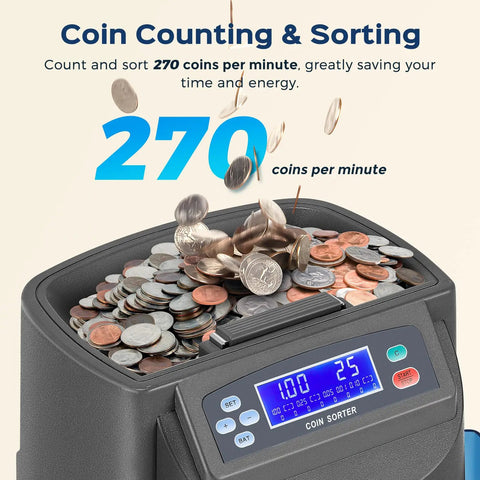 Smooth As Butter Coin Counter And Sorter Machine For All USD Currency displays coins sorting at 270 coins per minute.