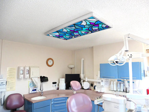 Fluorescent Light Covers For 2x4 Ceiling Fixtures With Stained Glass Design, 22.38 Inches By 46.5 Inches, in a dental office setting