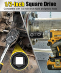 2-In-1 Lug Nut Extractor And Socket Kit For Wheel Locks, 7-Piece Flip Socket Set With Half Inch Drive shown in use.