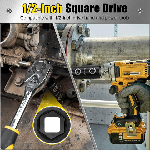 2-In-1 Lug Nut Extractor And Socket Kit For Wheel Locks, 7-Piece Flip Socket Set With Half Inch Drive shown in use.