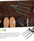 Steel Garden Fork Replacement Head Tines for Soil Turning and Manure Duty displayed on soil with boots and tools