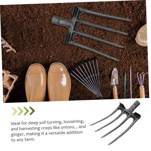 Steel Garden Fork Replacement Head Tines for Soil Turning and Manure Duty displayed on soil with boots and tools