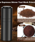 Espresso Distribution Tool WDT Style With 18 Stainless Steel Needles 0 35mm For Even Grounds In The Portafilter Like A Pro Barista Favorite Includes 9 Replacement Needles Black showcasing coffee grounds before and after use.