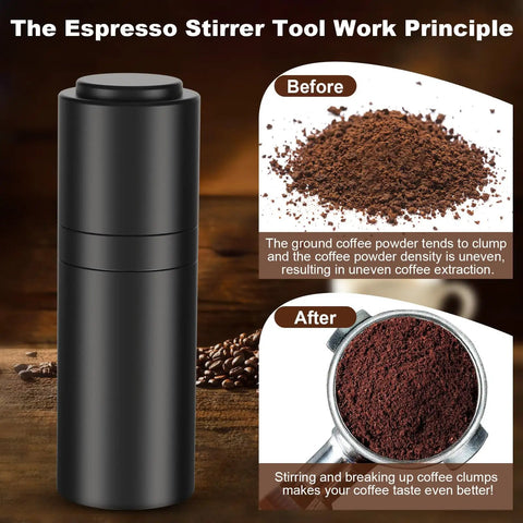 Espresso Distribution Tool WDT Style With 18 Stainless Steel Needles 0 35mm For Even Grounds In The Portafilter Like A Pro Barista Favorite Includes 9 Replacement Needles Black showcasing coffee grounds before and after use.