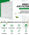 Boss Level MERV 8 Pleated HVAC Air Filters showing filter design and particle capture types like mold, pollen, and pet dander.
