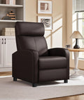 Brown Recliner Chair Featuring Three Position Recline And Plush Faux Leather Upholstery Rugged Wood Frame Engineered For Serious Living Room Comfort Smooth Tilting Action For Kickback Sessions in cozy living room setting.