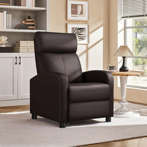 Brown Recliner Chair Featuring Three Position Recline And Plush Faux Leather Upholstery Rugged Wood Frame Engineered For Serious Living Room Comfort Smooth Tilting Action For Kickback Sessions in cozy living room setting.