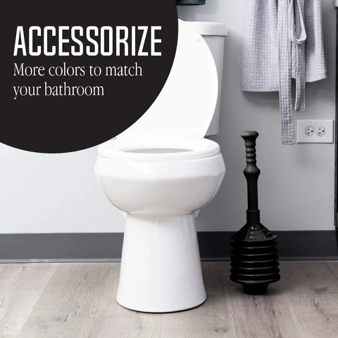 Pro Grade Bellows Accordion Toilet Plunger With High Pressure Thrust next to toilet in bathroom