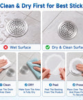 Instructions for using Super Slick Disposable Shower Drain Hair Catchers, 40 Pack Flower Mesh Grates, showing wet vs dry surface application.