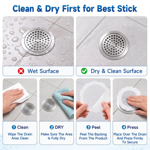 Instructions for using Super Slick Disposable Shower Drain Hair Catchers, 40 Pack Flower Mesh Grates, showing wet vs dry surface application.