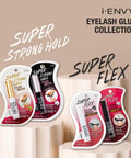 Super Strong Lash Glue For Strip Lashes With Brush-On Applicator packaging in various colors.